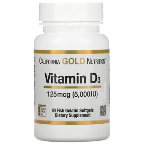 California Gold Nutrition, витамин D3, 125 мкг (5000 МЕ), 90 капсул из ...