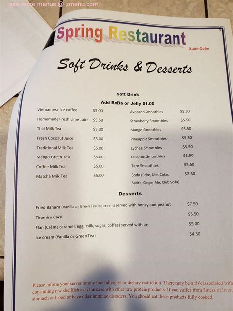 Menu At Spring Restaurant Inc Xuân Quán Methuen