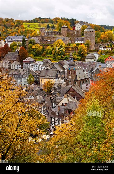 Monschau with castle in autumn, Germany, North Rhine-Westphalia, Eifel
