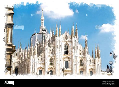 Watercolor Drawing Of Duomo Di Milano Cathedral Facade With White Walls