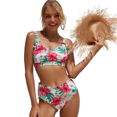 Bikini Femme Imprimé Floral Marque Modèle Laçage Volants Blanc Blanc Cdiscount Prêt