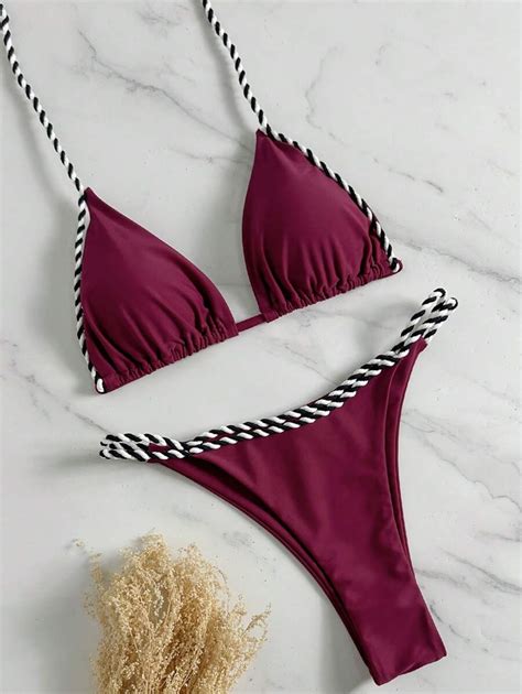 Swim Basics Pc Women S Summer Beach Resort Rope Detail Triangle Bikini Set With Rope Side