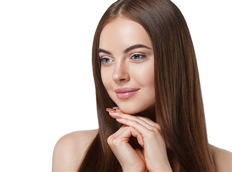 Premium Photo Beautiful Long Hair Brunette Woman With Beauty Hairstyle Is Touching Her Face By