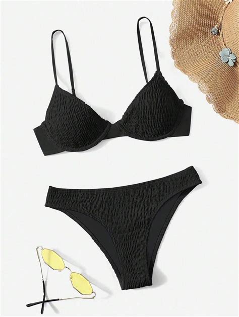 Swim Basics Summer Beach Smocked Underwire Bikini Set Shein Usa