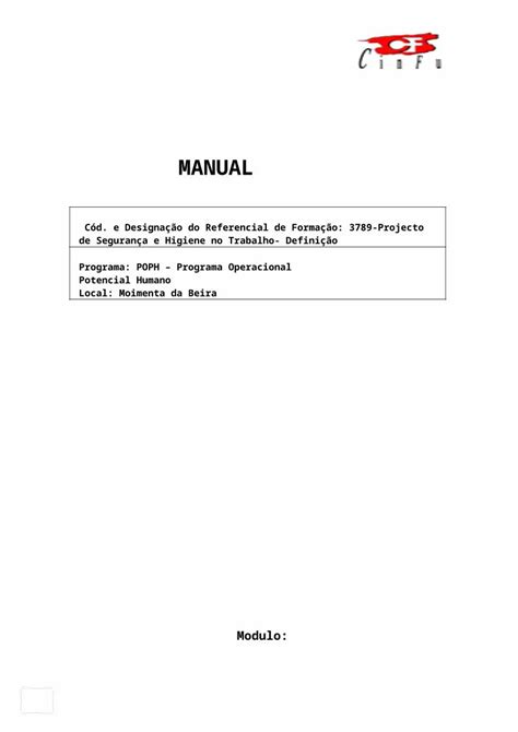 DOCX Manual UFCD 3789 Projeto de segurança e higiene do trabalho