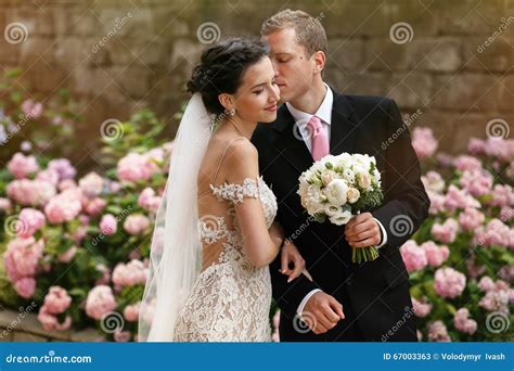 Handsome Happy Groom And Beautiful Sexual Brunette Bride Kissing Stock Image Image Of Park