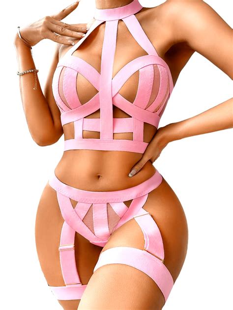 Kaei Shi Strappy Cutout Lingerie Halter Backless Garter Sexy Top Outfits Light Pink For