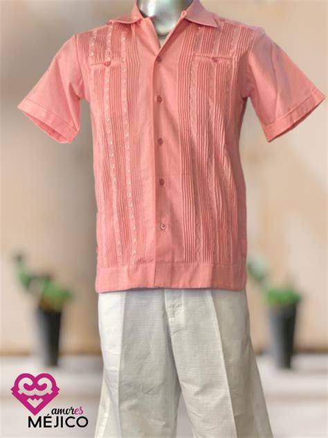 GUAYABERA DE LINO ROSA MANGA CORTA T 34 AmoresMejico