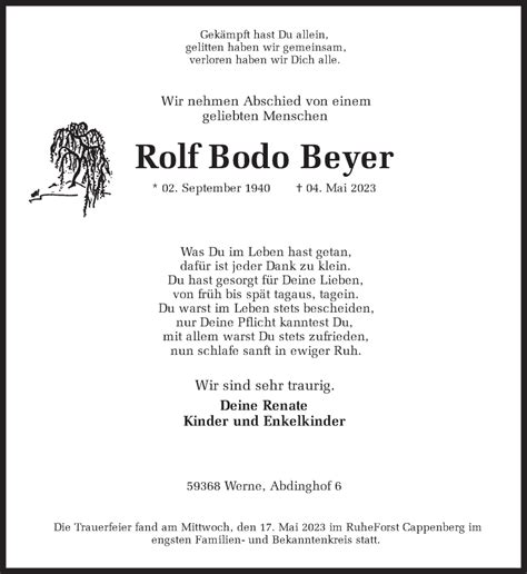 Traueranzeigen Von Rolf Bodo Beyer Sich Erinnern De