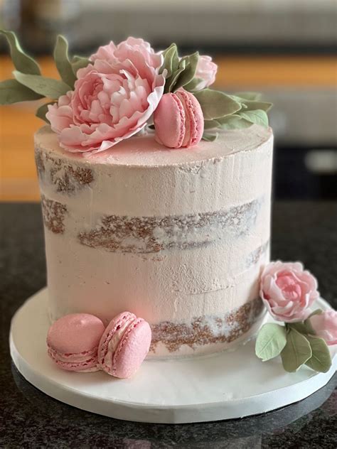 Buttercream Naked Cake With Sugar Paste Peonies And Macarons
