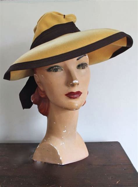 Vintage S Tilt Hat Flan Yellow And Brown Felt Hat Etsy