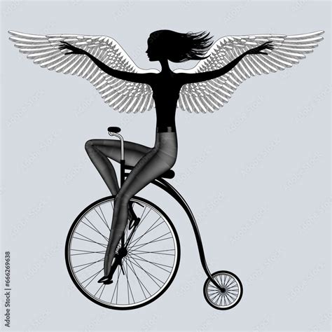 Black Silhouette Of Half Naked Sexy Girl With Wings In Dark Tights And High Heels Rides A