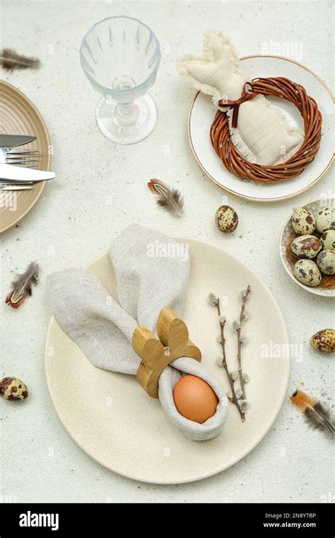 Table Setting With Easter Eggs Pussy Willow Branches And Feathers On White Background Stock