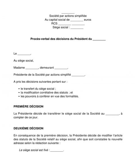 Procès Verbal de Transfert du Siège Social SAS SASU