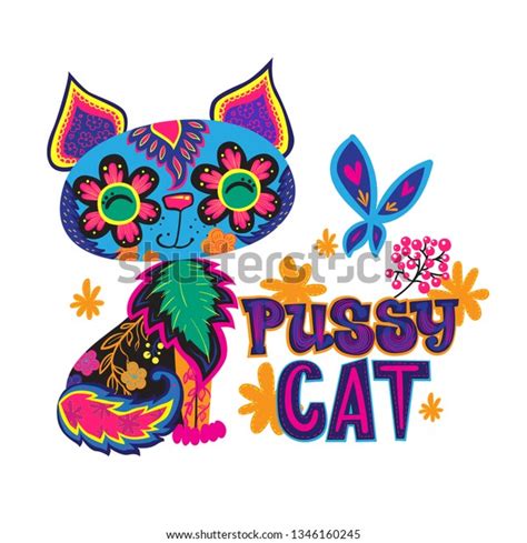 Pussy Cat Illusrration Floral Ornament Stock Vector Royalty Free