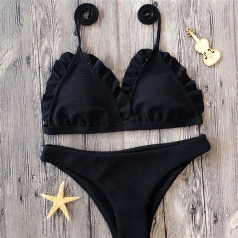 Ruffle Bikinis Set Solid Bikini Kawaii Bandage Swimming Suit For Women