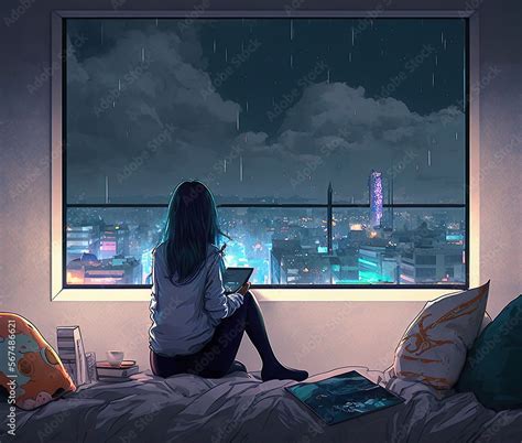 anime girl looking at rainy city night sky Stock Illustration | Adobe Stock