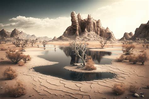 Large Desolate Landscape With Dried Up Shores Of Lake In The Desert