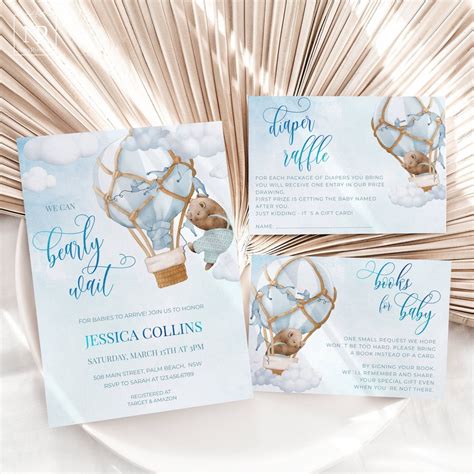 Bear Hot Air Balloon Baby Shower Invitation Set We Can Bearly Wait Boy Baby Bear Invite