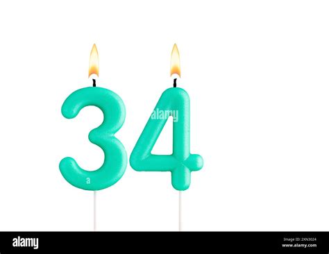 Birthday Number 34 Green Birthday Candle On White Background Stock