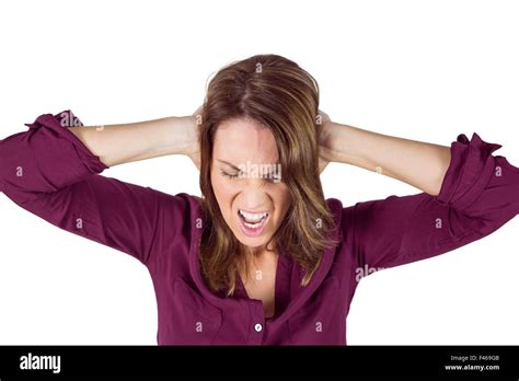 Pretty Brunette Shouting With Hands On Head Stock Photo Alamy