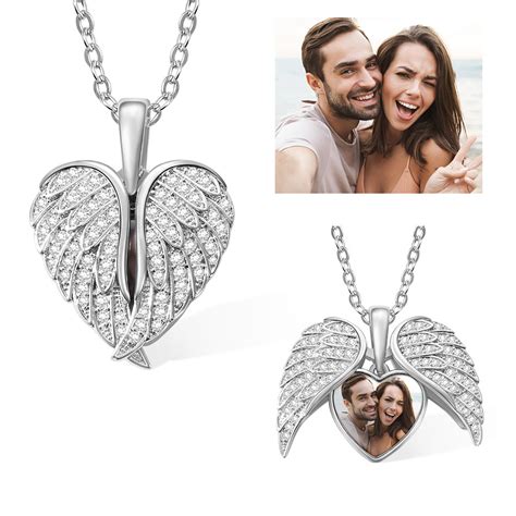 Custom Cz Heart Shape Angel Wing Necklace With Photo Heart Picture