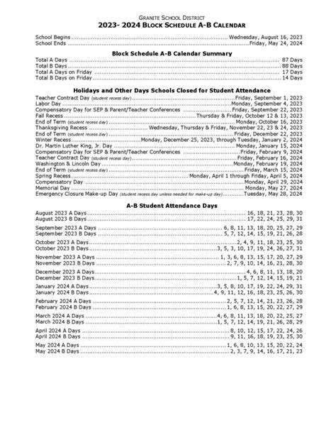 Granite School District Calendar 2023-2024 in PDF