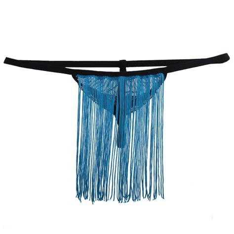 Imported Sexy Mens Mesh T Back G String Thong Underwear Pouch Bikini Panty W Tassel Sea Blue