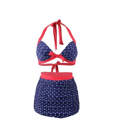 Retro Navy Red White Anchors Two Piece Swimsuit Bikini Red Navy Blue Cr Yx H