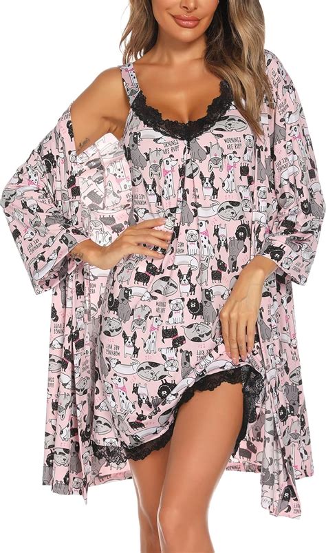 ENJOYNIGHT Women S Robes Set Sexy V Neck 2 Piece Lingerie Nightgown With Robes Pajama Set Lace
