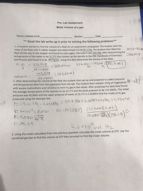 Solved Pre Lab Assignment Molar Volume Of A Gas Name Chegg