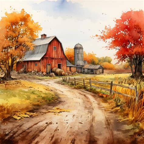 Premium AI Image | painting of a farm with a barn and silo in the ...