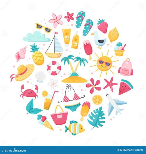 Ambientado En Verano Con Bonitos Elementos De Playa Chanclas De Bikini Frutas Palmeras