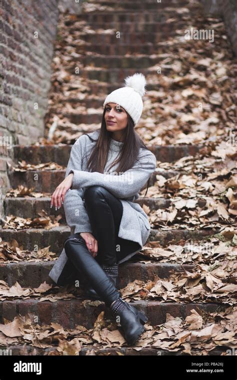 Beautiful Brunette Posing At Outdoor S Stairs Stock Photo Alamy