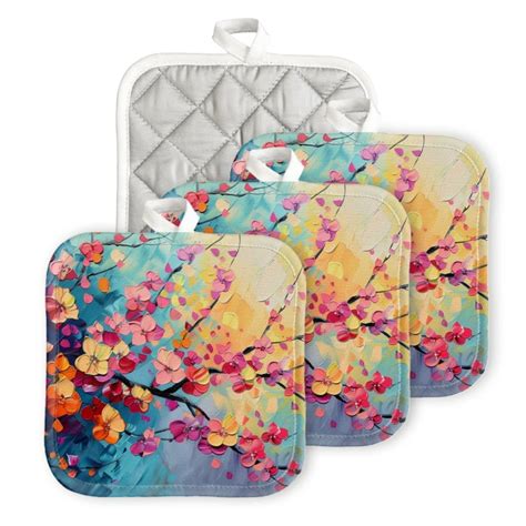 Bahomeck Heat Resistant Hot Pads Pack Colorful Cherry Blossoms On Tree Branch Square Pot