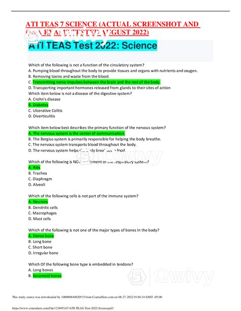 Ati Teas Science Actual Exam Correct Pdf