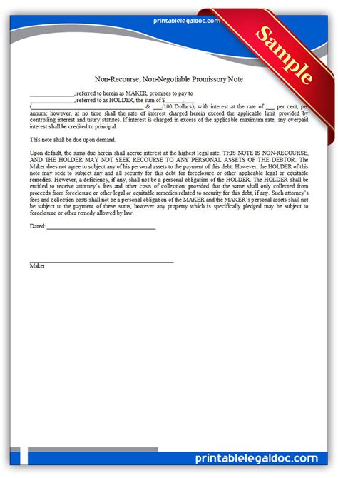 Free Printable Note Non Recourse And Non Negotiable Form Generic