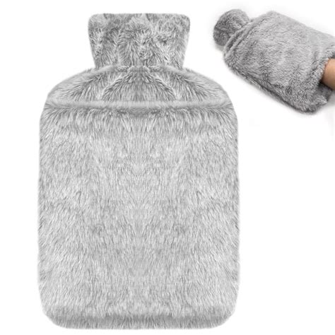 Jsdoin 2L Hot Water Bottle With Luxury Faux Fur Cover Grey For Neck Shoulder Pain Hand