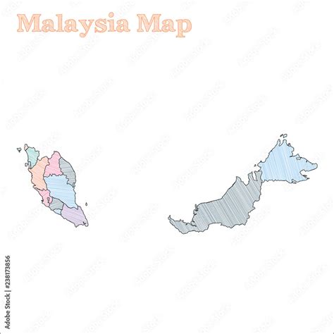 Malaysia hand-drawn map. Colourful sketchy country outline. Surprising ...