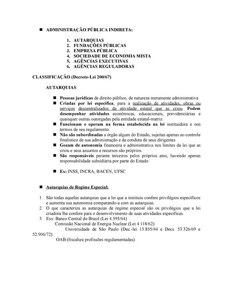 Direito Administrativo - ADMINISTRAÇÃO PÚBLICA INDIRETA: 1. AUTARQUIAS