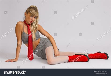 Sexy Blonde Girl White Stockings Red Stock Photo Edit Now 2133333821