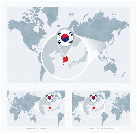 Magnified South Korea over Map of the World, 3 versions of the World