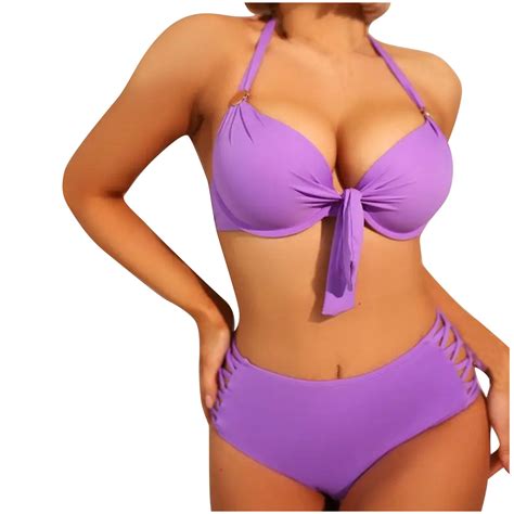 Bikini Swimwear Womens High Waisted Halter Neck Two Piece Swimsuit Tie