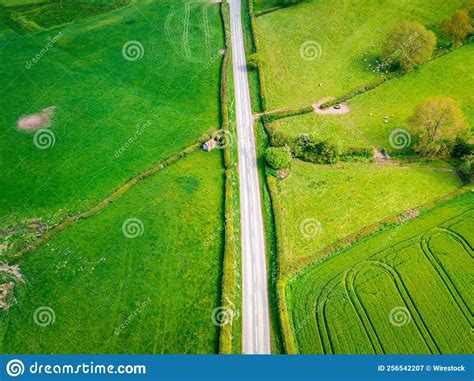 Aerial View Of A Road Surrounded By Lush Green Fields With Bushes Stock