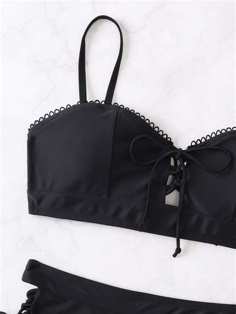 Shein Swim Basics Solid Bikini Set Cut Out Lace Up Cami Bra High Waisted Bottom Piece