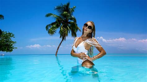 Tanned Woman Bikini Model At Maldives Tropical Sand Beach Glamour Girl In Swimsuit On Hammock