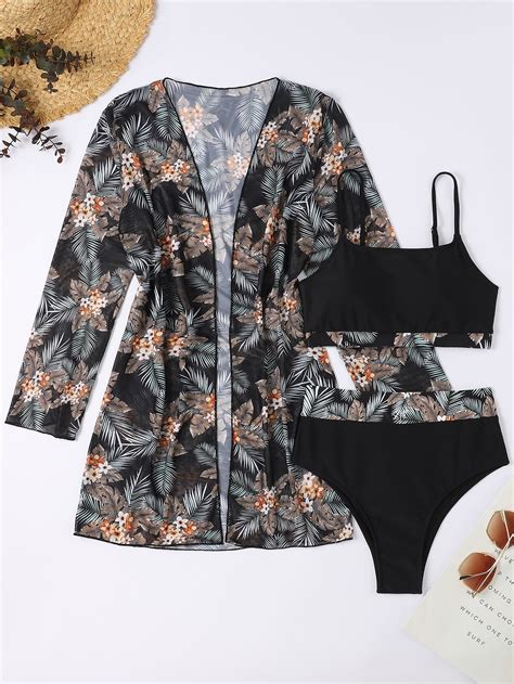 3pack Random Tropical Print High Waist Bikini Swimsuit Kimono SHEIN UK