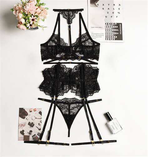 Ensemble Lingerie Sexy Noir Transparent En Dentelle