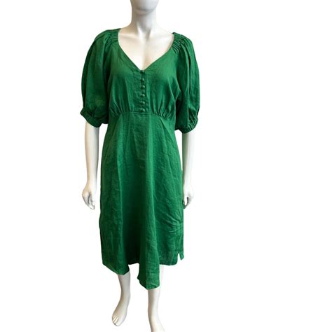 Witchery Womens Size 12 Linen Short Sleeve Midi Dress Green S