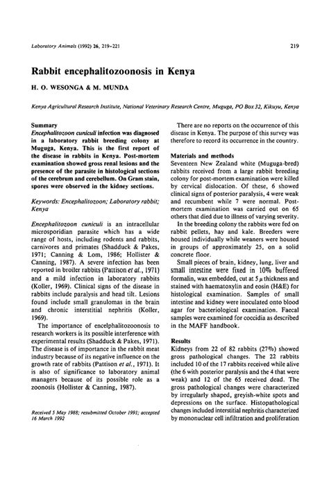 Pdf Rabbit Encephalitozoonosis In Kenya